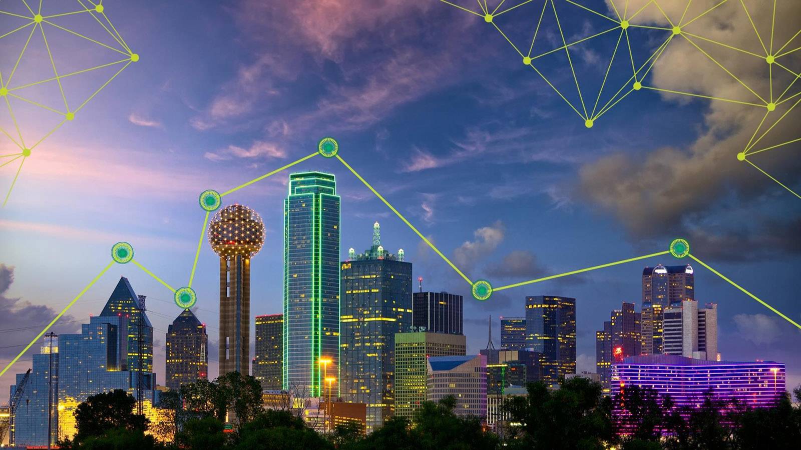 Dallas skyline with line chart graphics