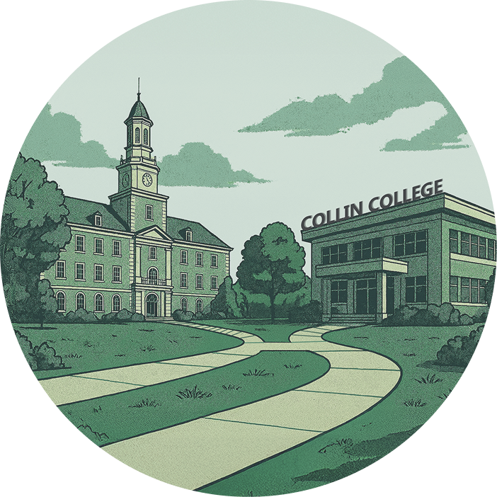 Illustrated campus scene showing a traditional clock-tower building on the left and a modern building labeled ‘Collin College’ on the right, connected by curved walkways.