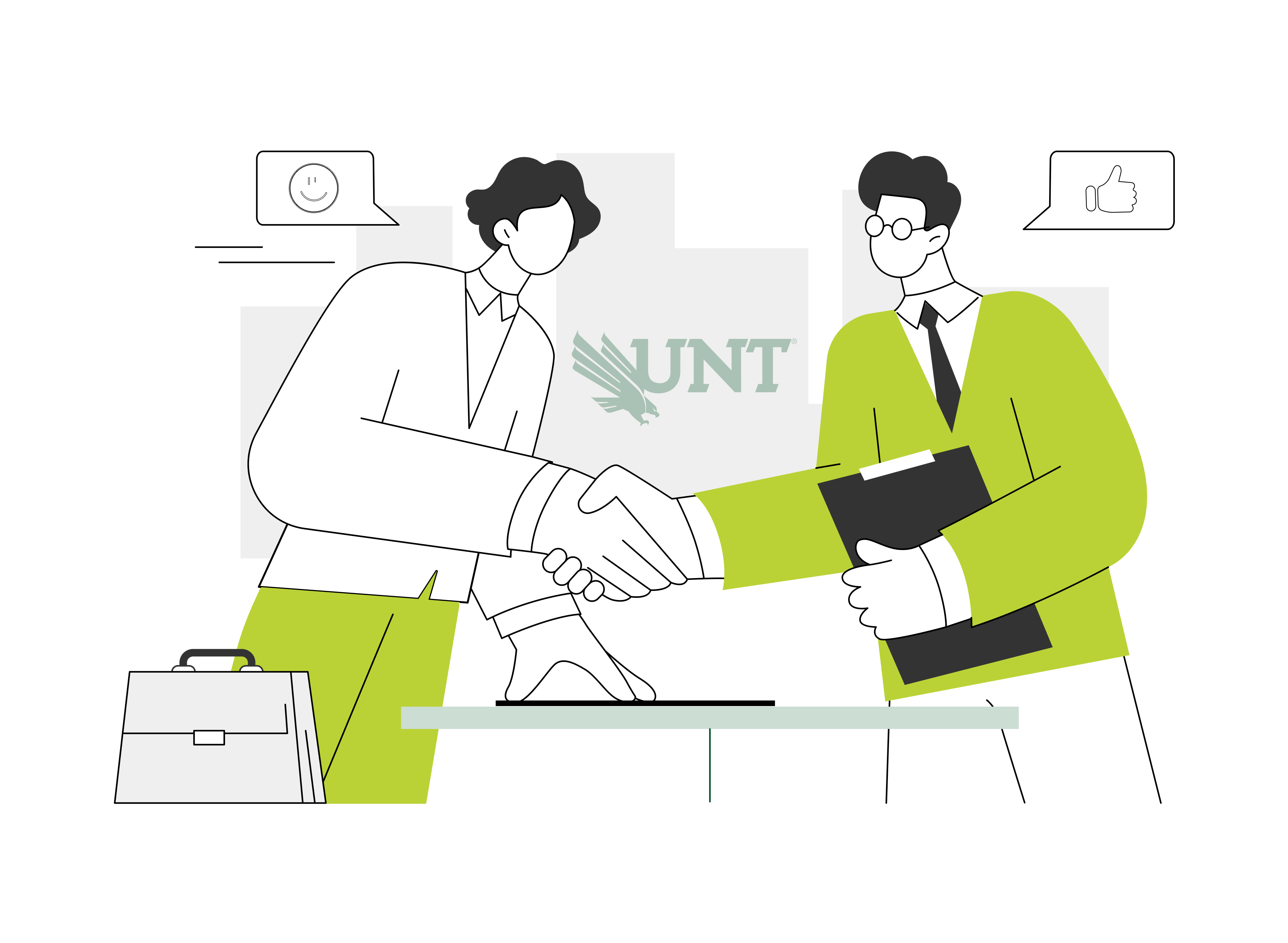 Decorative Image : Two illustrated professionals shake hands across a table, with one holding a clipboard. Speech bubbles show positive symbols, and the UNT logo appears in the background