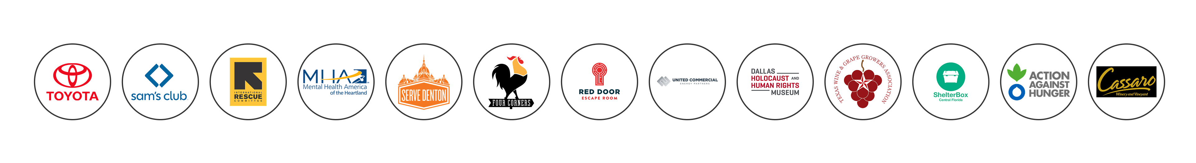 Industry Partners Logos of partner organizations including Toyota, Sam’s Club, Rescue Construction Solutions, Mental Health America of the Heartland, Serve Denton, Four Corners, Red Door Escape Room, United Commercial Energy Partners, Dallas Holocaust and Human Rights Museum, Texas Wine Grape Growers Association, ShelterBox Central Florida, Action Against Hunger, and Cassaro Winery and Vineyard.