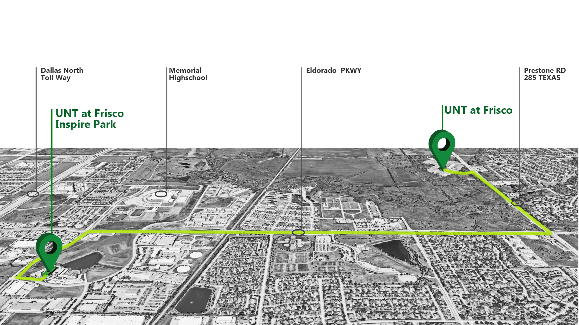 Aerial map showing a green route connecting UNT at Frisco Inspire Park to UNT at Frisco,