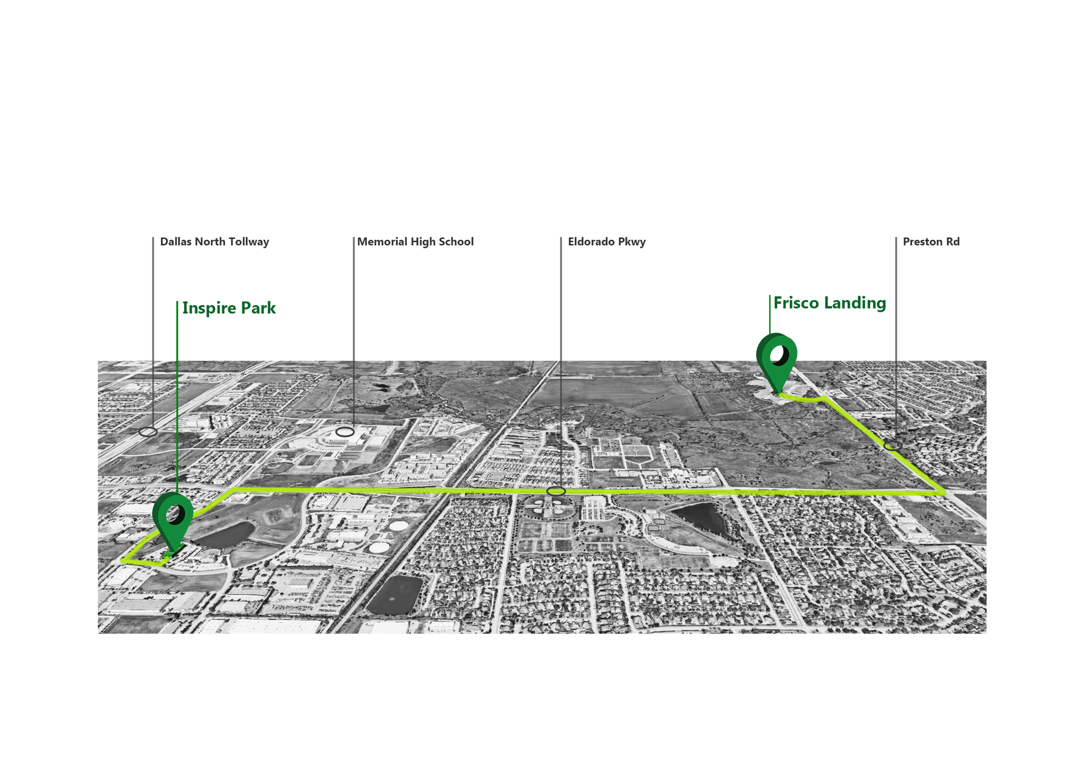 Aerial map showing a green route connecting UNT at Frisco Inspire Park to UNT at Frisco,