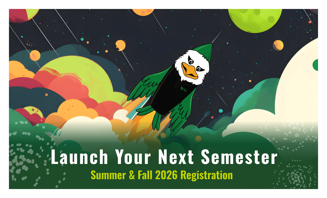 Illustration of a cartoon eagle flying upward through a colorful space scene with planets and clouds. Text reads: “Launch Your Semester” and “Summer & Fall 2026 Enrollment started.”