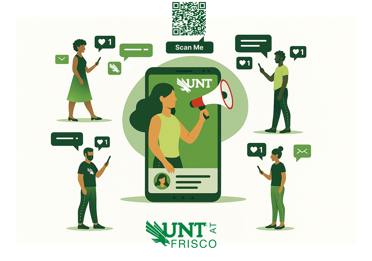 Illustration of people using phones around a UNT Frisco post with social icons and a QR code.