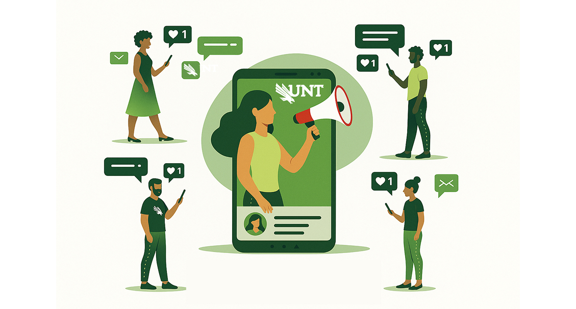 Illustration of a smartphone with the UNT logo and a person using a megaphone, surrounded by social media and message icons.