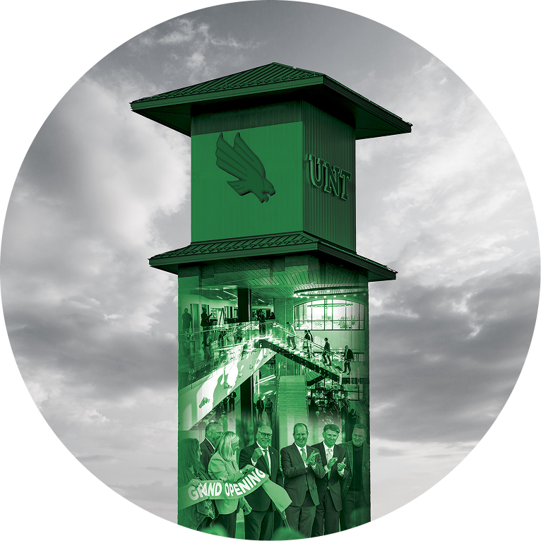 UNT tower against a cloudy sky, with a green overlay showing a campus interior and a ribbon-cutting grand opening scene at the bottom.