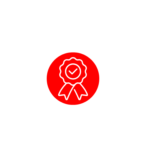 A medal ribbon with a checkmark inside.